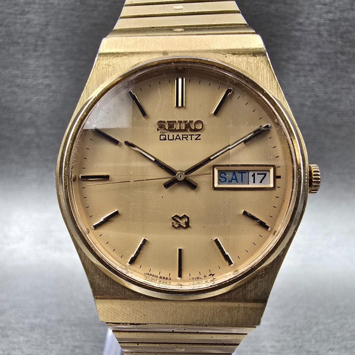 Seiko SQ Watch Men 33mm Gold Dial Gold Daydate Round 6923-7099 New Battery0