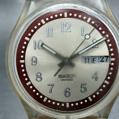 Swatch Croissant Chaud Watch Men 34mm Brown Dial Clear Case Daydate Round Works1