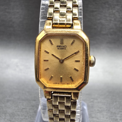 Seiko Watch Women 17mm Gold Dial Gold Tone Rectangle V400-5608 New Battery VTG0
