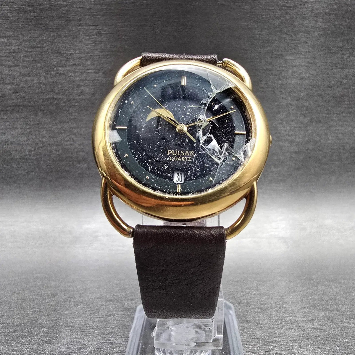 Pulsar Moon Phase Watch Men 33mm Black Dial Gold Tone V338-6000 New Battery READ5