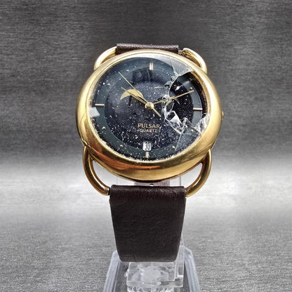 Pulsar Moon Phase Watch Men 33mm Black Dial Gold Tone V338-6000 New Battery READ5