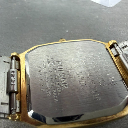 Seiko Pulsar Tank Watch Men 30mm Black Dial Gold Tone V500-5A00 New Battery VTG9