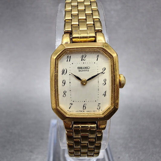 VTG Seiko Watch Women 17mm Cream Dial Gold Tone Octagon V4005608 New Battery0