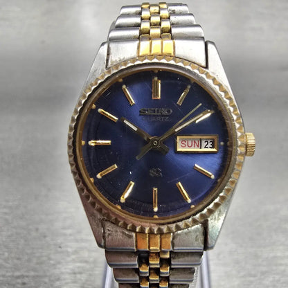 Seiko SQ Watch Women 24mm Blue Dial Two Tone Daydate 3Y03-0169 New Battery0