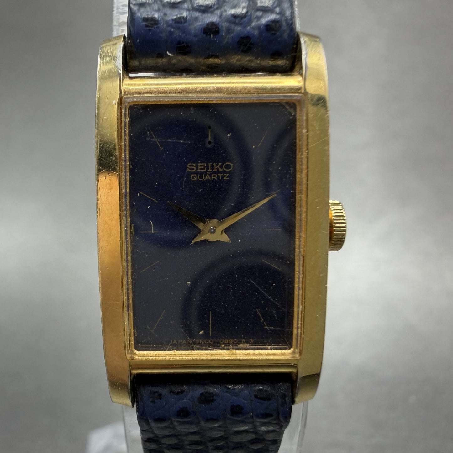 Seiko Tank Watch Women 15mm Blue Dial Gold Tone Rectangle 4N005369 New Battery1