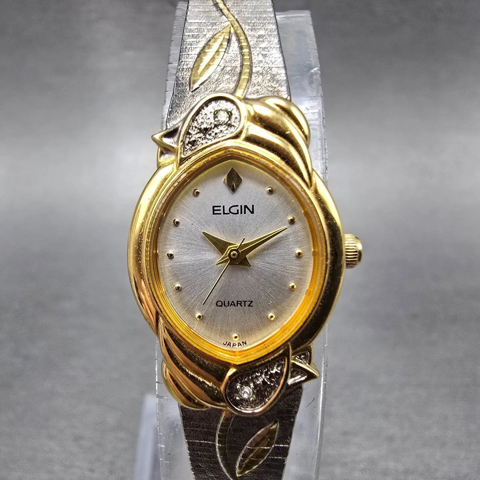 Elgin Watch Women 17mm Silver Dial Two Tone Oval Leafs EK909-007 New Battery1
