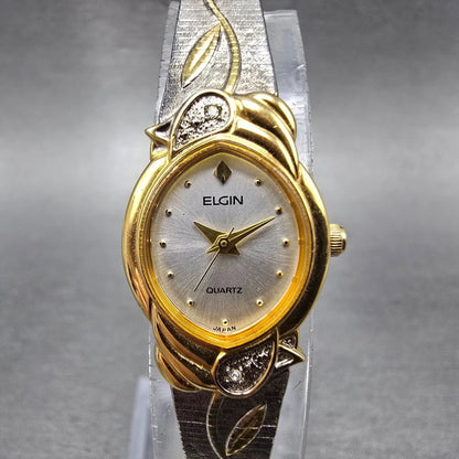 Elgin Watch Women 17mm Silver Dial Two Tone Oval Leafs EK909-007 New Battery1