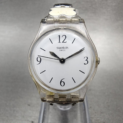 Swatch Clovercheck Watch Women 25mm White Dial Clear Case Round New Battery0