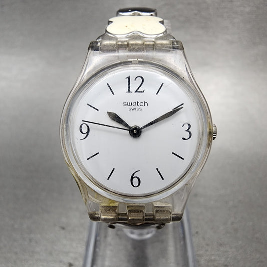Swatch Clovercheck Watch Women 25mm White Dial Clear Case Round New Battery0