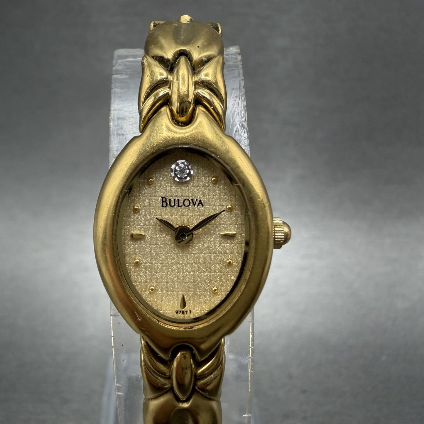 Bulova Watch Women 17mm Gold Dial Gold Tone Oval 97S77 New Battery0