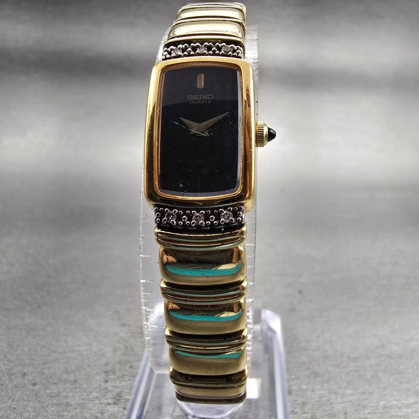 Seiko Watch Women 13mm Black Dial Gold Tone Gemmed Rectangle 2E20-6929 New Batt5