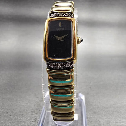 Seiko Watch Women 13mm Black Dial Gold Tone Gemmed Rectangle 2E20-6929 New Batt5