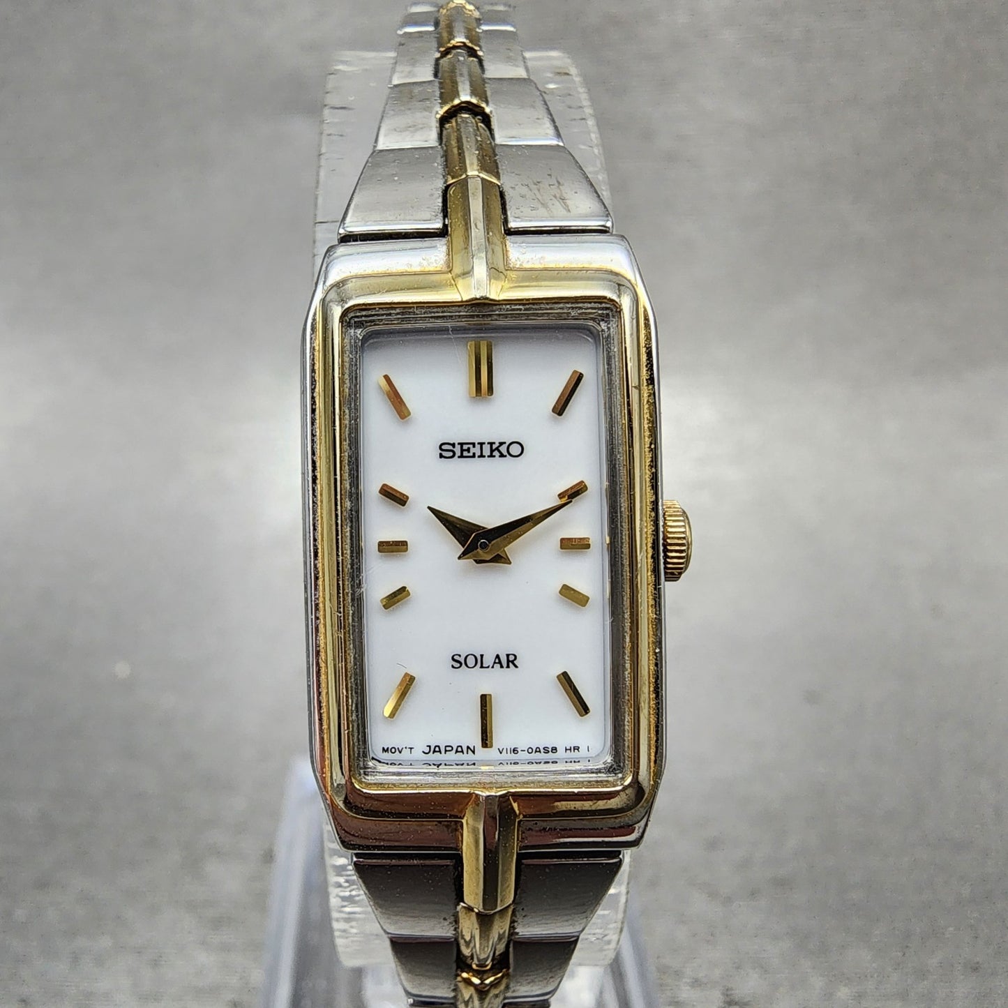 Seiko Solar Tank Watch Women 15mm White Dial Two Tone Rectangle V1160ah0 Runs A0