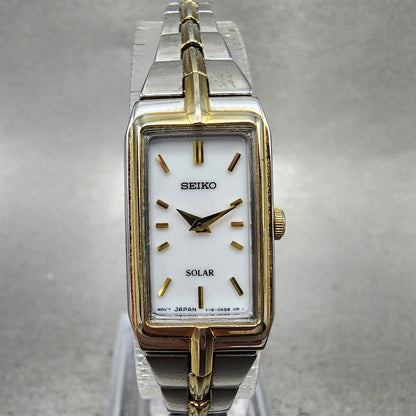Seiko Solar Tank Watch Women 15mm White Dial Two Tone Rectangle V1160ah0 Runs A0