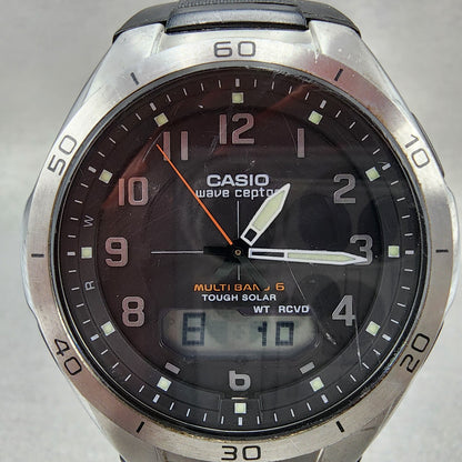 Casio Wave Ceptor Watch Men 43mm Black Dial Silver Tone Analog Digital  Solar1