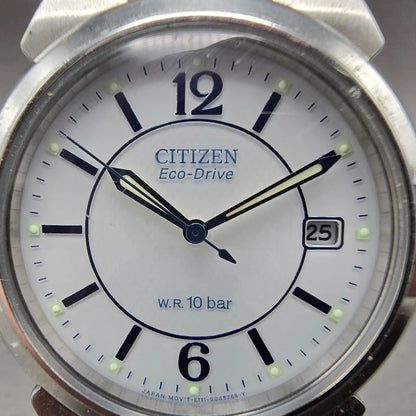 Citizen Eco-Drive Watch Men 36mm White Dial Silver Tone Date E111-S027161 Runs A1