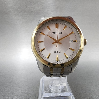 Seiko 100m Watch Men 39mm Silver Dial Two Tone Date Round 7n420fl0 PARTS6
