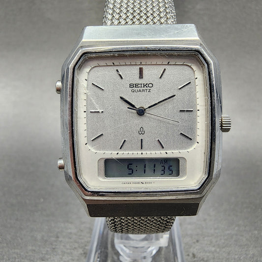 Seiko Tank Watch Men 31mm Analog Digital Silver Dial Steel H449-5000 New Battery
