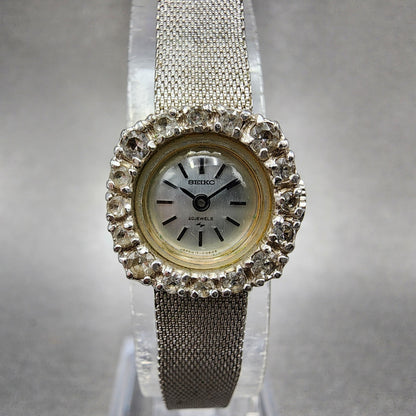 Seiko Watch Women 17mm Silver Dial White Gold Plated Gem Bezel Manual Wind0