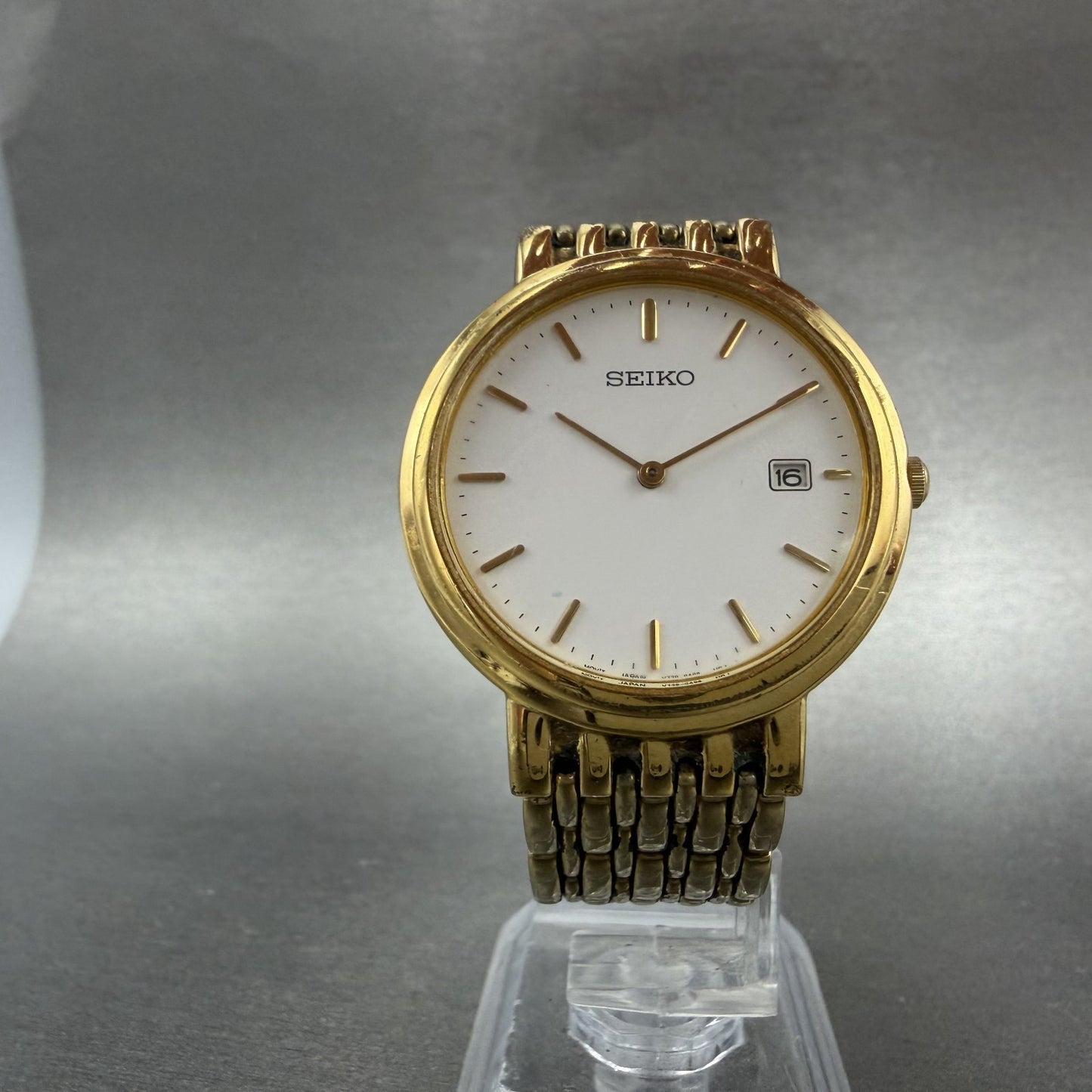 Seiko Watch Men 34mm White Dial Gold Tone Date Round V739-0A59 New Battery5