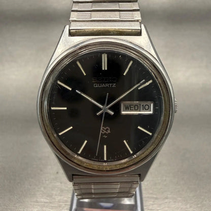 Seiko SQ Watch Men 35mm Black Dial Silver Tone Daydate Round 7123-8500 PARTS!!!!0