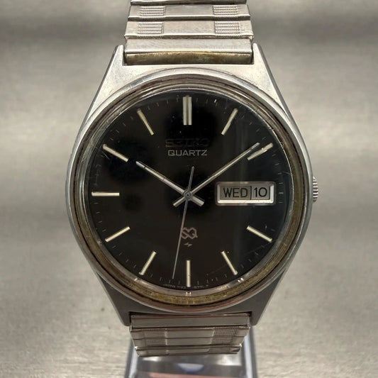 Seiko SQ Watch Men 35mm Black Dial Silver Tone Daydate Round 7123-8500 PARTS!!!!0