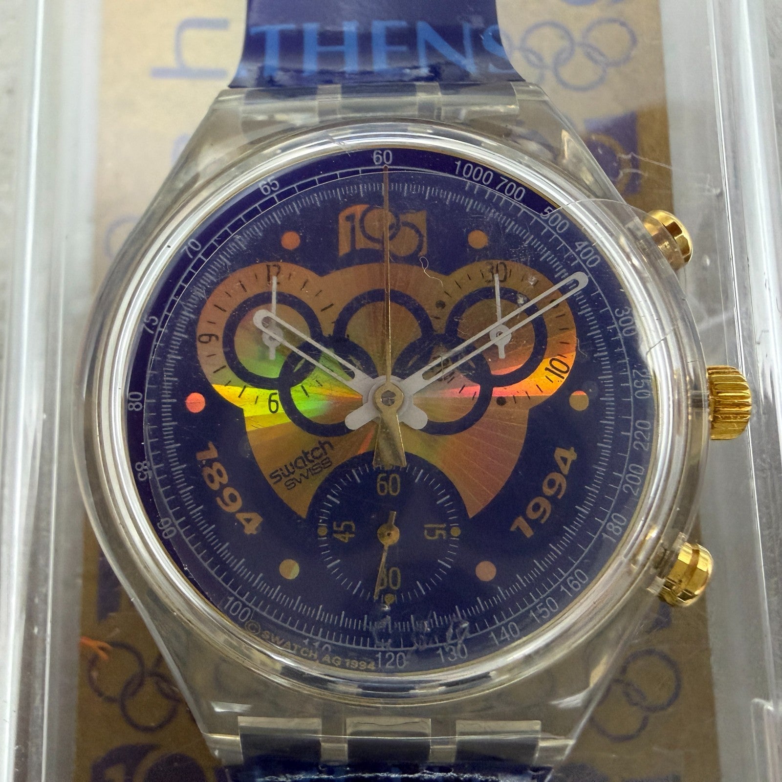 Swatch Chrono 100th Olympics Watch Men 37mm Blue Dial Clear SCZ101 NOS New batt1
