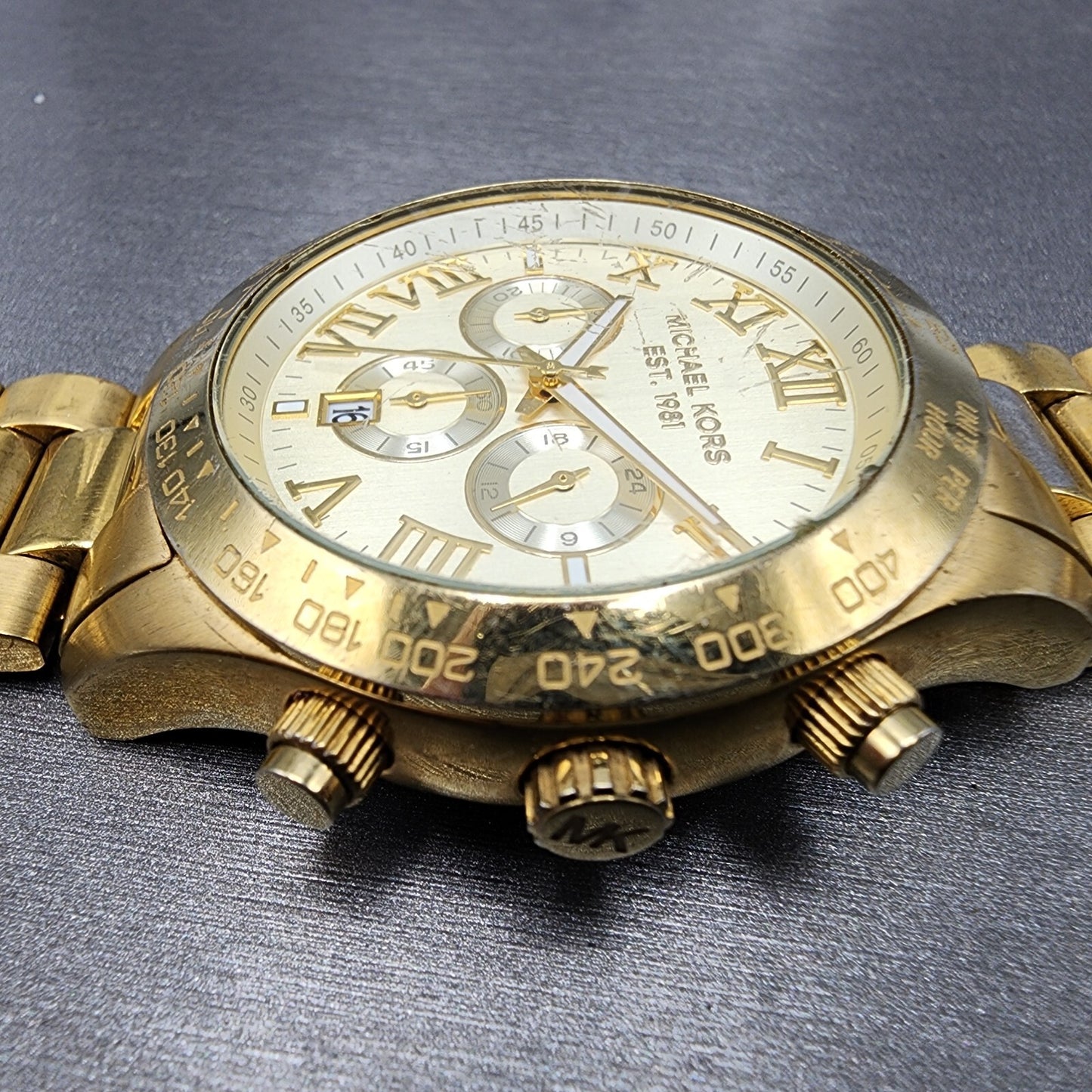 Michael Kors Layton Watch Men 44mm Champange Dial Gold Tone Date Round READ!!!!!3