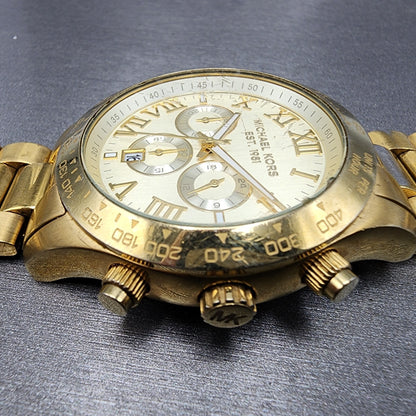 Michael Kors Layton Watch Men 44mm Champange Dial Gold Tone Date Round READ!!!!!3
