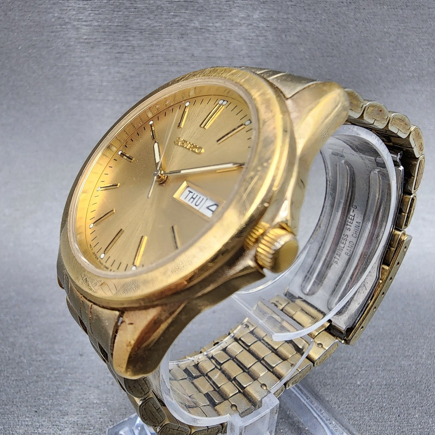 Seiko Watch Men 37mm Gold Dial Gold Tone Daydate Round 7n430am0 New Battery2