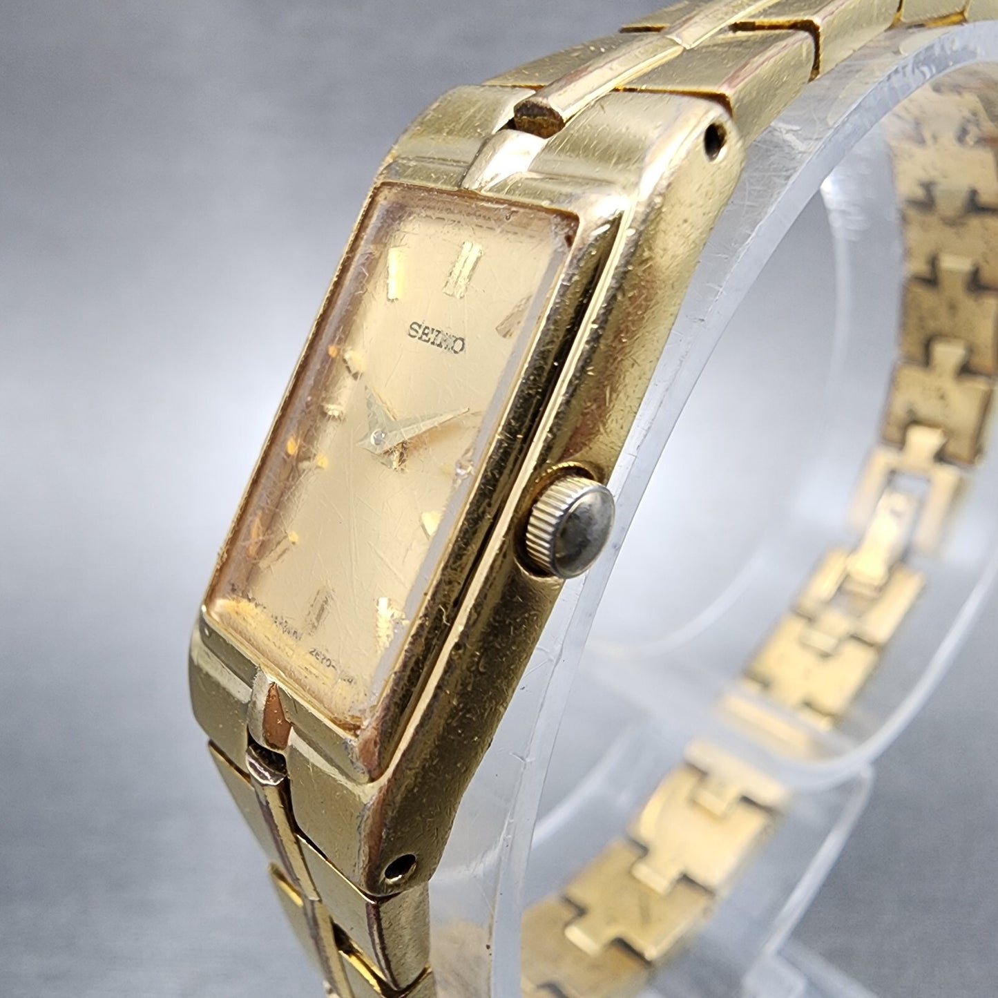 Seiko Watch Women 13mm Gold Dial Gold Tone Rectangle 2E200AY0 New Battery2