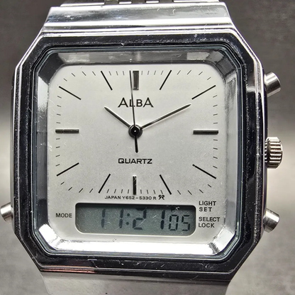 Seiko Alba Watch Men 32mm Silver Dial Silver Tone Daydate Alarm Y652-5290 NewBat1