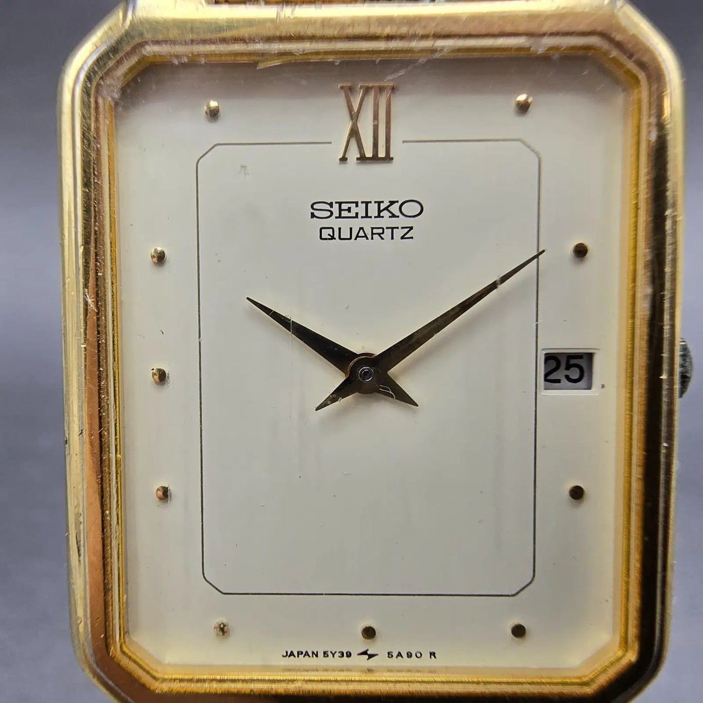 Seiko Tank Watch Men 26mm Cream Dial Gold Tone Date Rectangle 5Y39-5A60 PARTS2