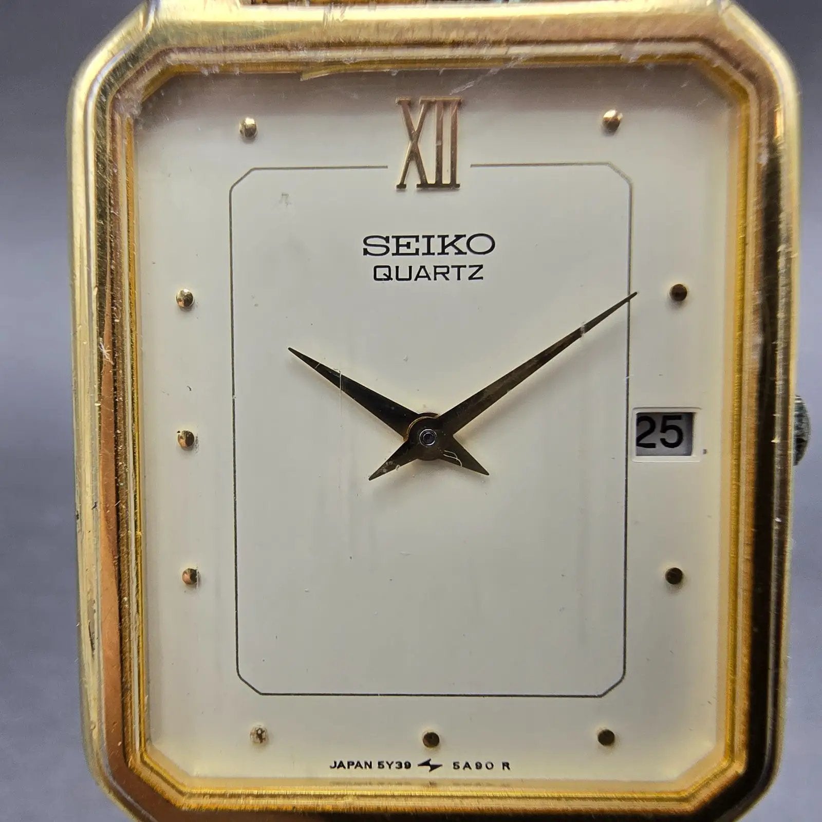 Seiko Tank Watch Men 26mm Cream Dial Gold Tone Date Rectangle 5Y39-5A60 PARTS2