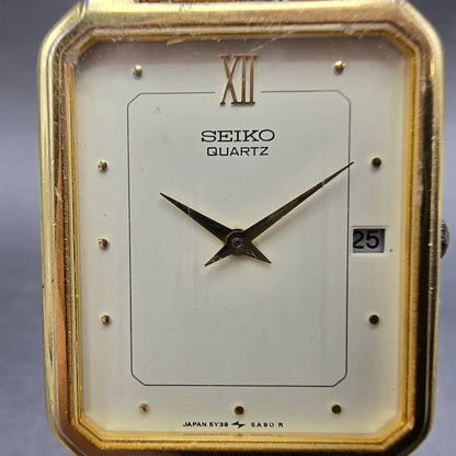 Seiko Tank Watch Men 26mm Cream Dial Gold Tone Date Rectangle 5Y39-5A60 PARTS2