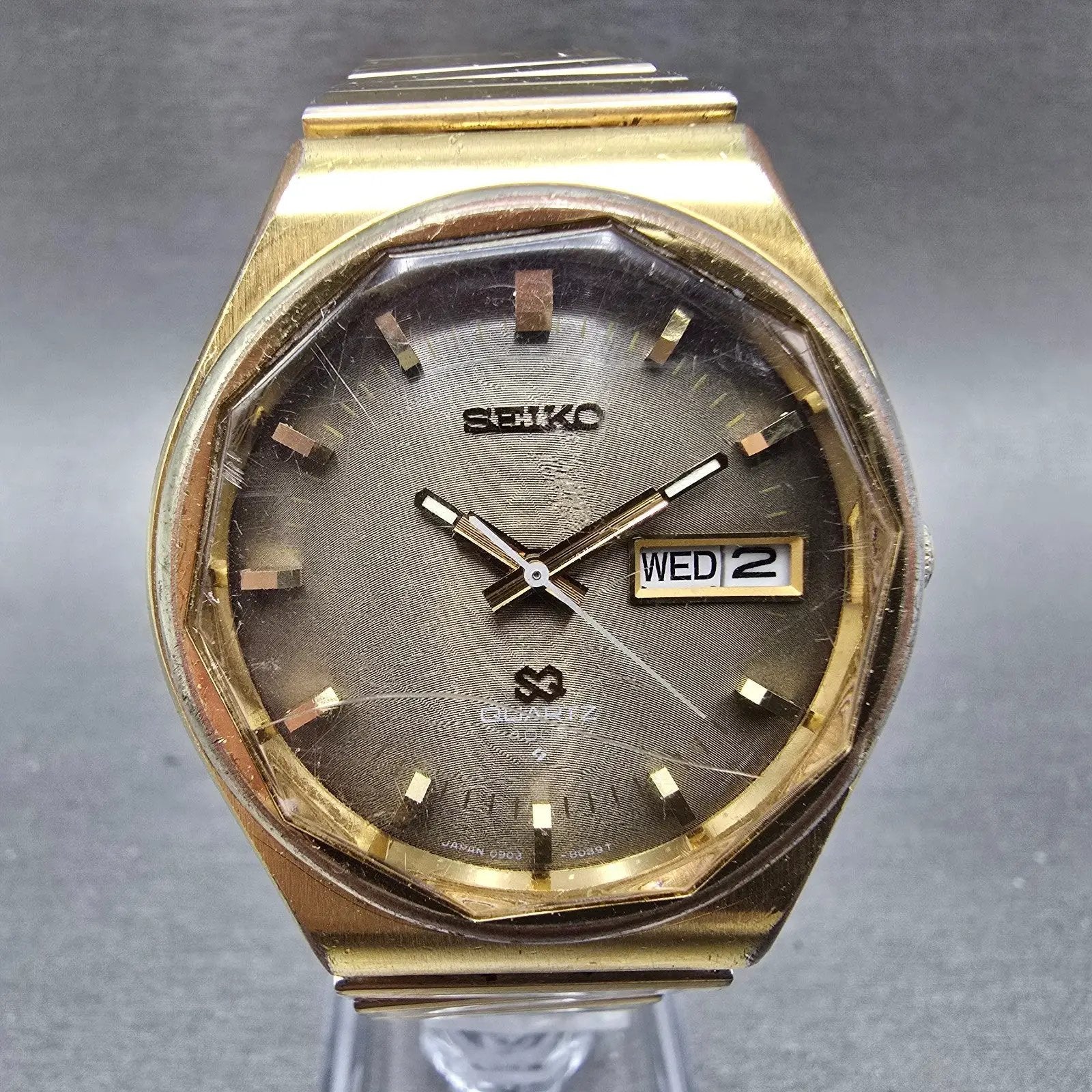 Seiko SQ Watch Men 36mm Brown Dial Gold Tone Daydate Round 0903-8079 PARTS VTG0