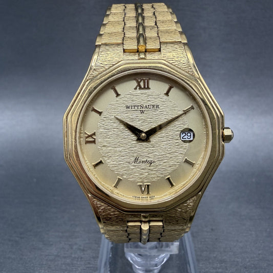 Wittnauer Montego Watch Men 34mm Gold Dial Gold Tone Date Round New Battery0