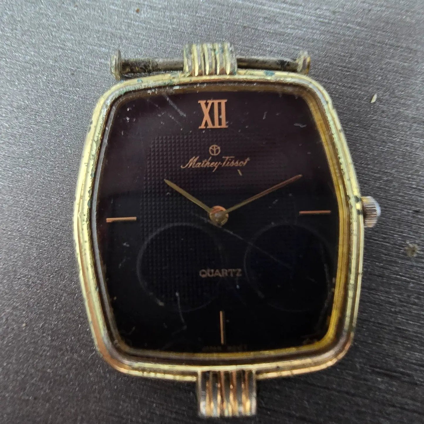 Mathey Tissot Watch Men 27mm Black Dial Gold Tone Hexagon New Battery Vintage1