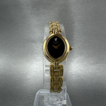 Citizen Watch Women 16mm Black Dial Gold Tone Oval 3220326091 New Battery5