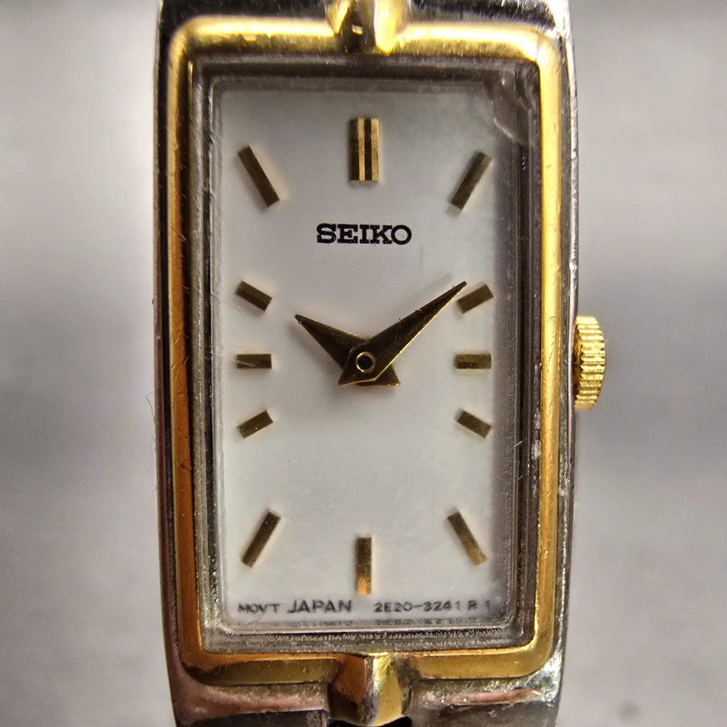 Seiko Watch Women 13mm White Dial Two Tone Rectangle 2E20-7479 New Battery READ!1