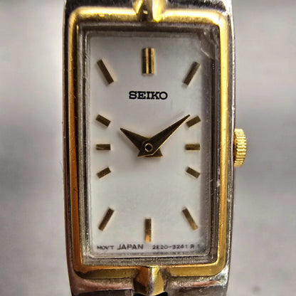 Seiko Watch Women 13mm White Dial Two Tone Rectangle 2E20-7479 New Battery READ!1