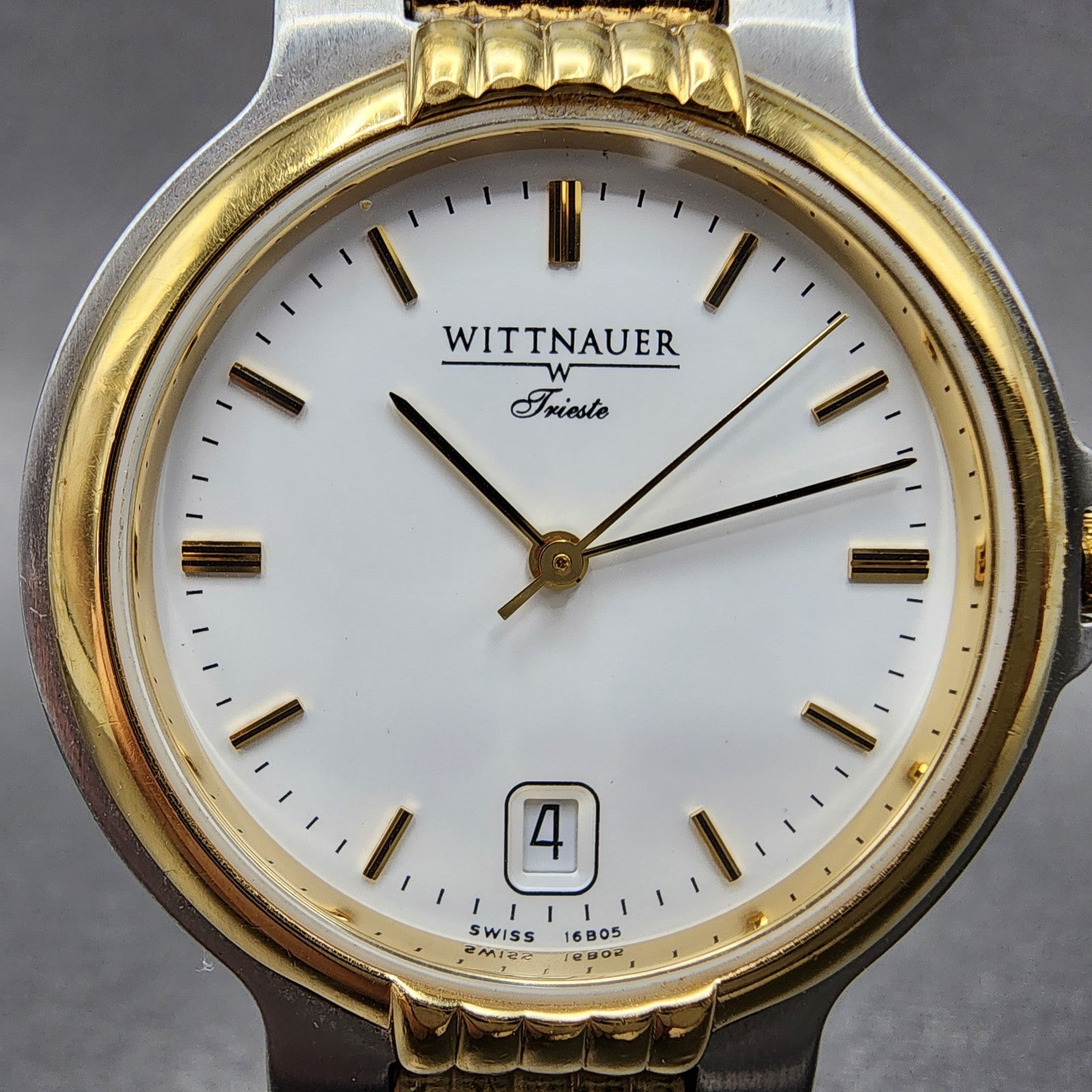 Wittnauer Trieste Watch Men 34m White Dial Two Tone Date Round New Battery1