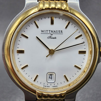 Wittnauer Trieste Watch Men 34m White Dial Two Tone Date Round New Battery1