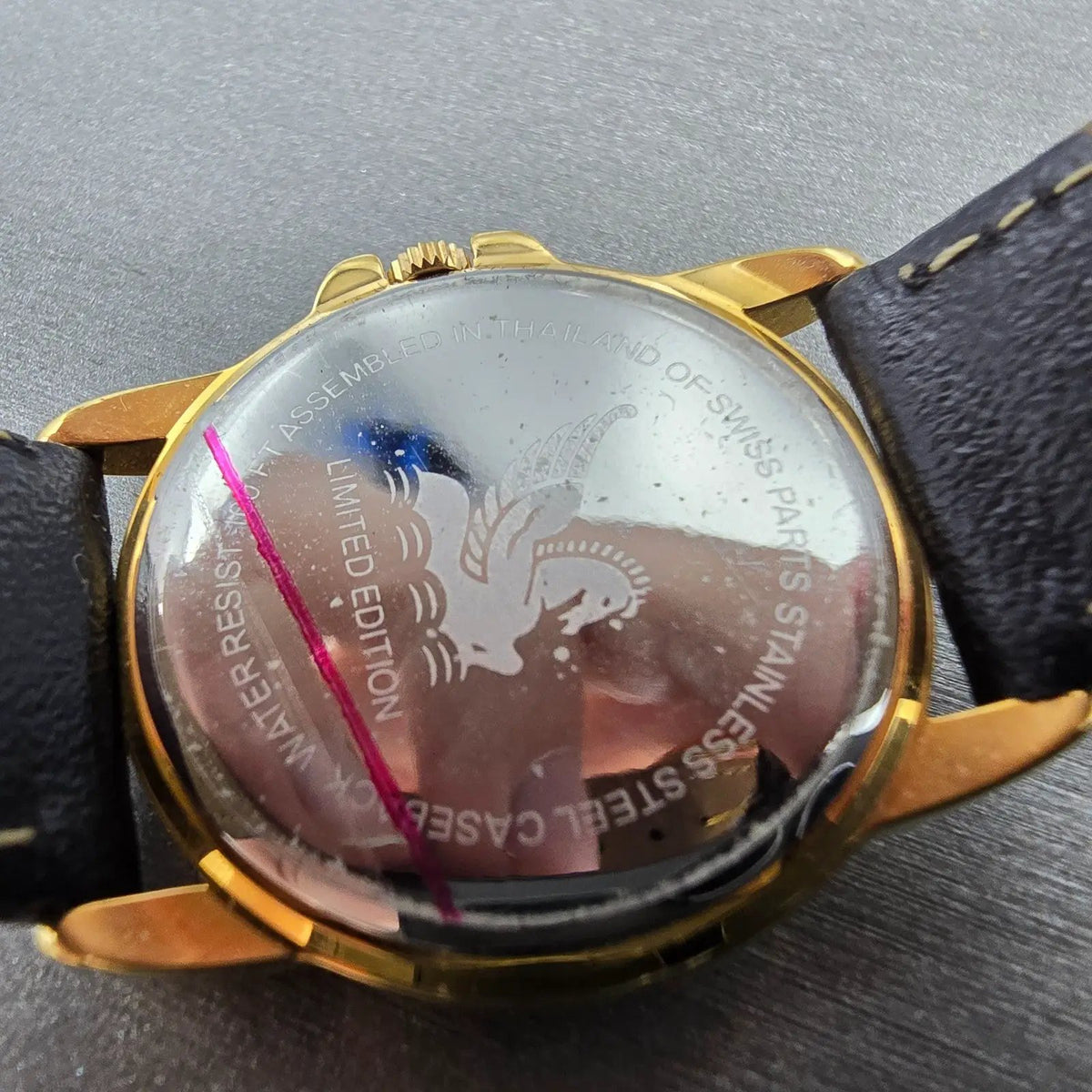 Tourneau Watch Women 30mm Gold Dial Gold Pegasus Round Leather New Battery9