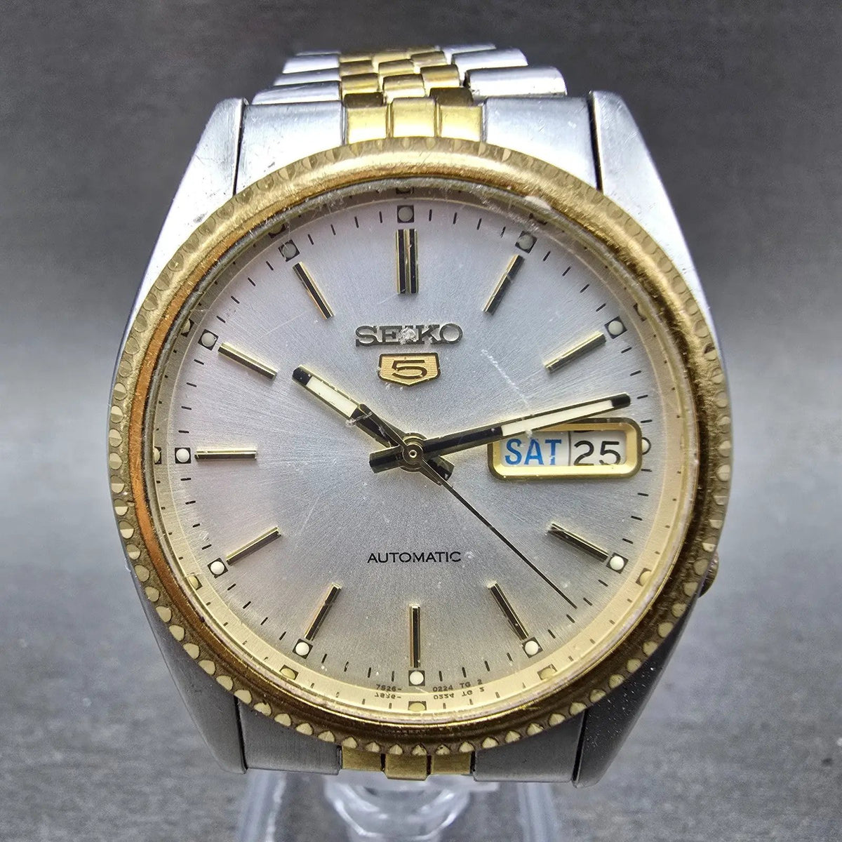 Seiko 5 Automatic President Watch Men 36mm Silver Dial Two Tone Daydate VTG Runs1