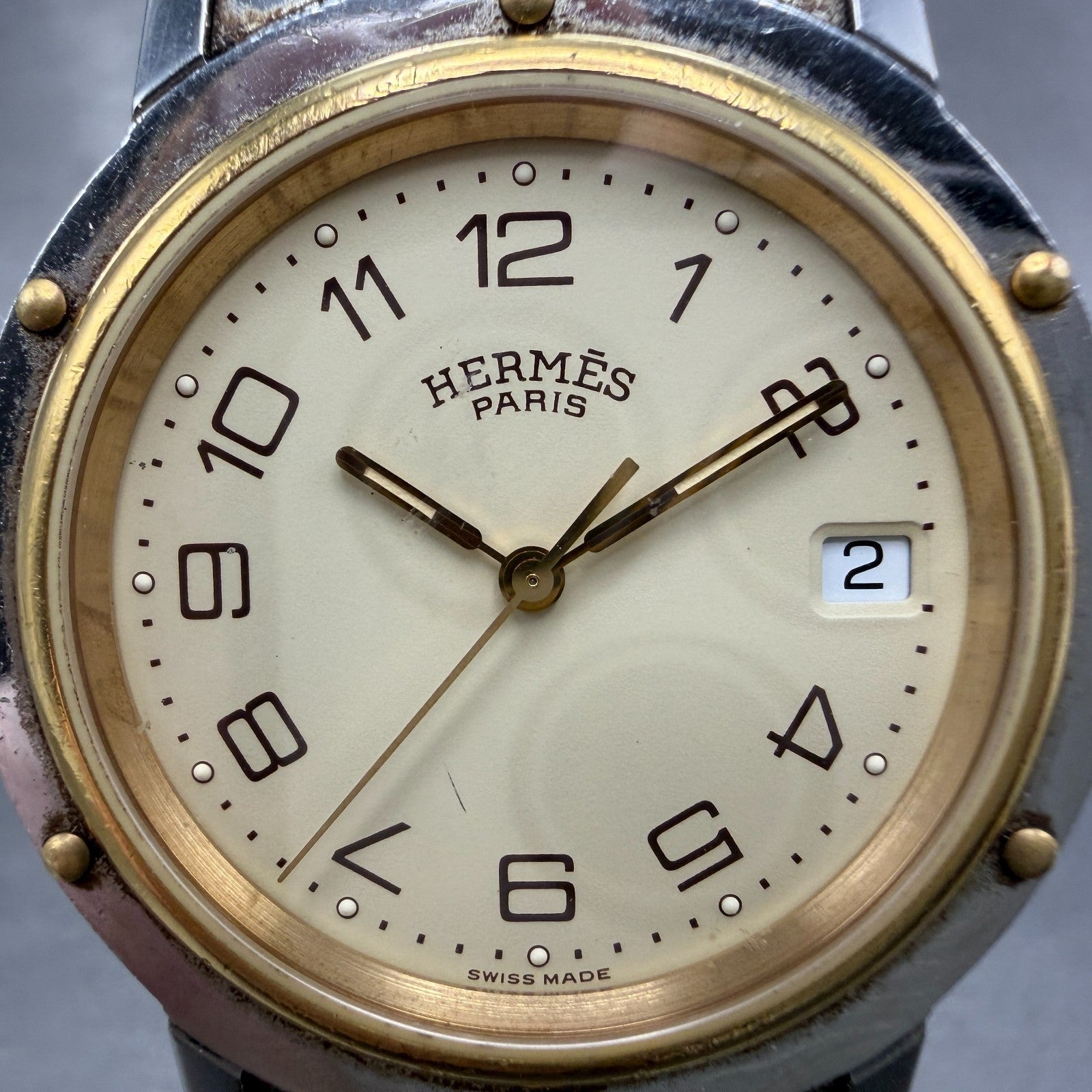 Hermès Clipper watch Men 36mm Cream Dial Two Tone Date Round 751009 New Battery1