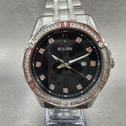 Bulova Watch Men 43mm Black Dial Steel Crystal Accents Date Round 96K105