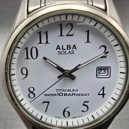 Seiko Alba Solar Watch Men 34mm White Dial Titanium Date V145-0AM0 Runs1