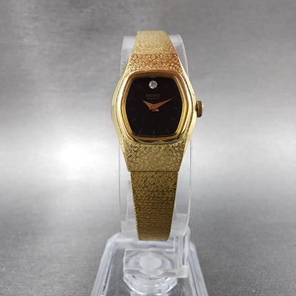 Seiko Watch Women 17mm Black Dial Gold Tone Hexagom 4N005059 New Battery7