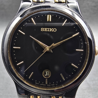 Seiko Watch Men 34mm Black Dial Black & Gold Date Round 7N22-7041 New Battery JP1